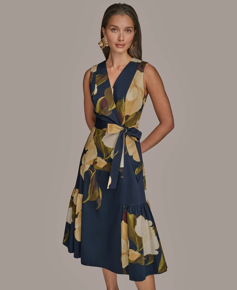 Donna Karan New York Women's Printed Sleeveless Faux-wrap V-neck Pleated Dress