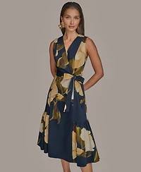 Donna Karan New York Women's Printed Sleeveless Faux-wrap V-neck Pleated Dress