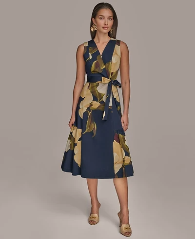 Donna Karan New York Women's Printed Sleeveless Faux-wrap V-neck Pleated Dress