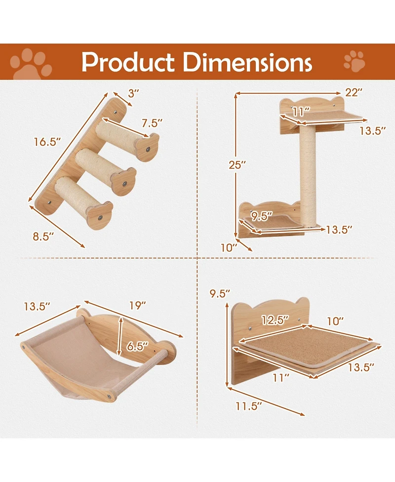 Cat Wall Furniture Set of 4 with Hammock 2-step Cat Tree and Perch