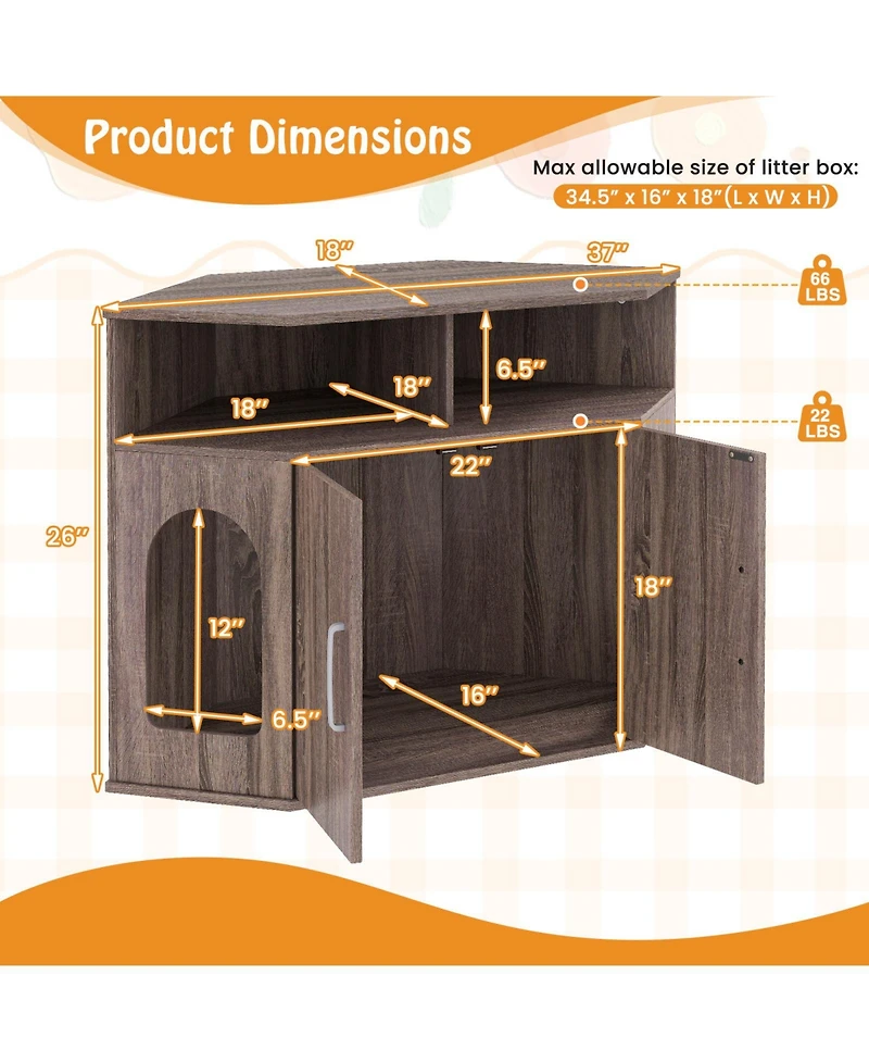 Corner Cat Litter Box Enclosure with Storage Shelves and Double Doors