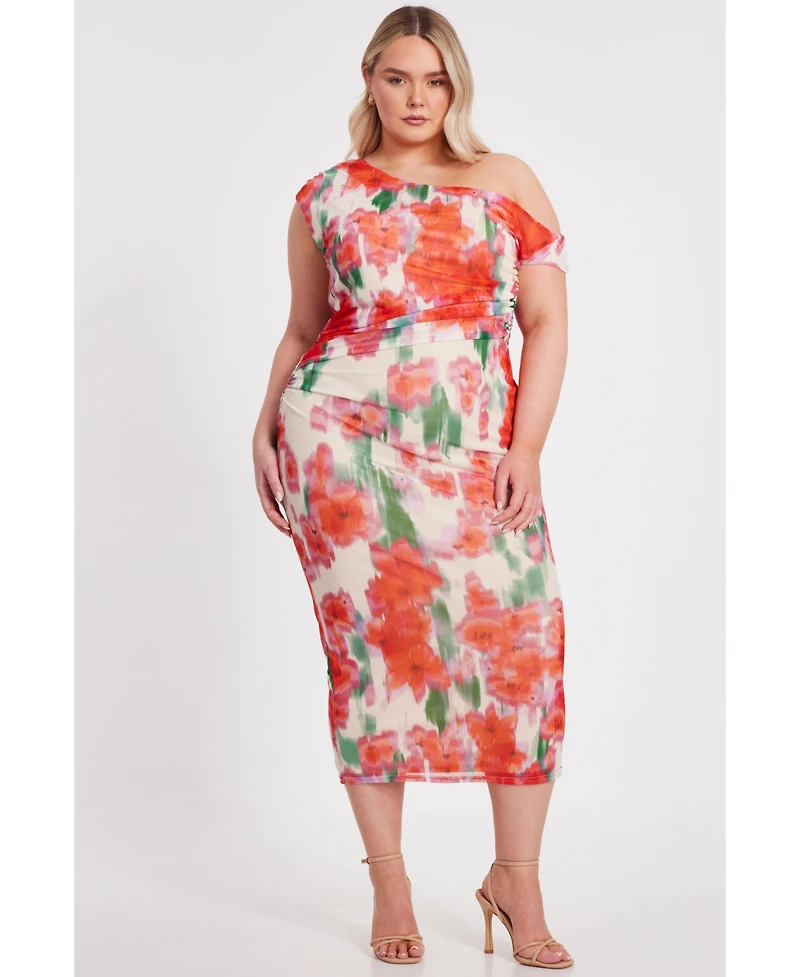 Quiz Plus One Shoulder Mesh Maxi Dress