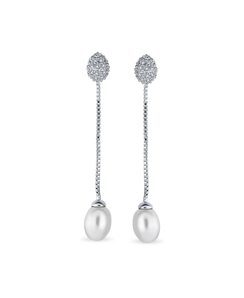 Bling Jewelry Simple Cz White Freshwater Cultured Pearl Linear Chain Dangling Earrings Silver Plated Brass