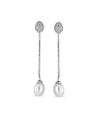 Bling Jewelry Simple Cz White Freshwater Cultured Pearl Linear Chain Dangling Earrings Silver Plated Brass