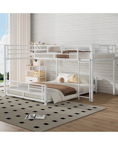 L-shaped Metal Twin over Full Size Bunk Bed, White