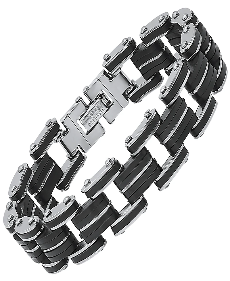 Steeltime Men's Stainless Steel and Black Rubber Bicycle Chain Bracelet