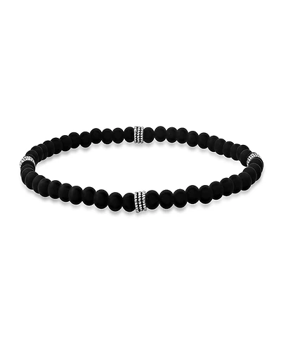 Steeltime Men's Sterling Silver and Black Lava Beaded Stretch Bracelet