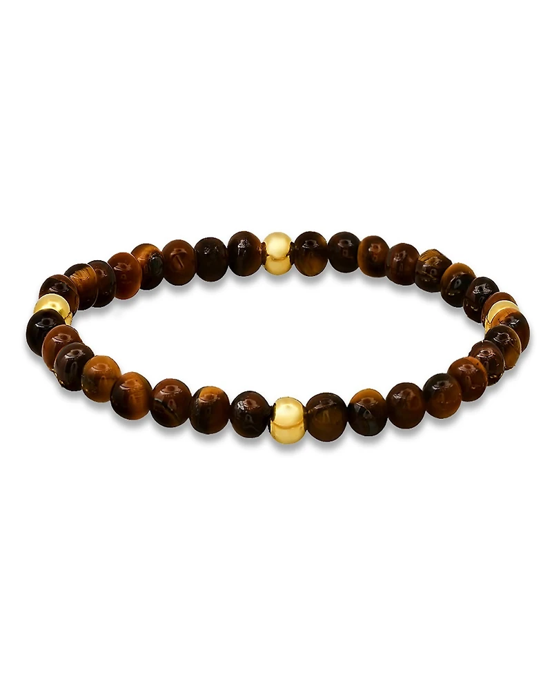 Steeltime Men's 14K Gold Plated Sterling Silver and Tiger Eye Beaded Stretch Bracelet