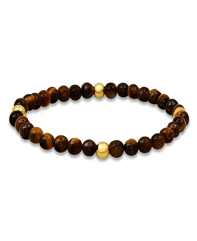 Steeltime Men's 14K Gold Plated Sterling Silver and Tiger Eye Beaded Stretch Bracelet