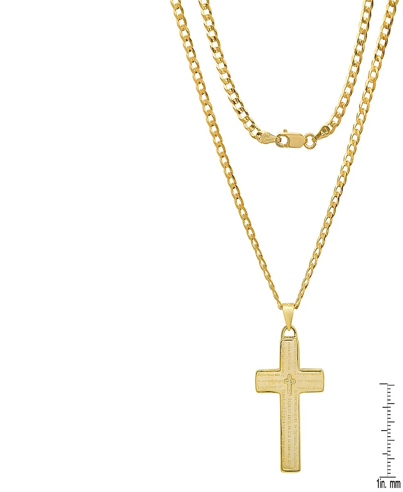 Steeltime Unisex 14K Gold Plated Sterling Silver Cuban Super Flat Chain and Lord's Prayer Cross Pendant Bracelet