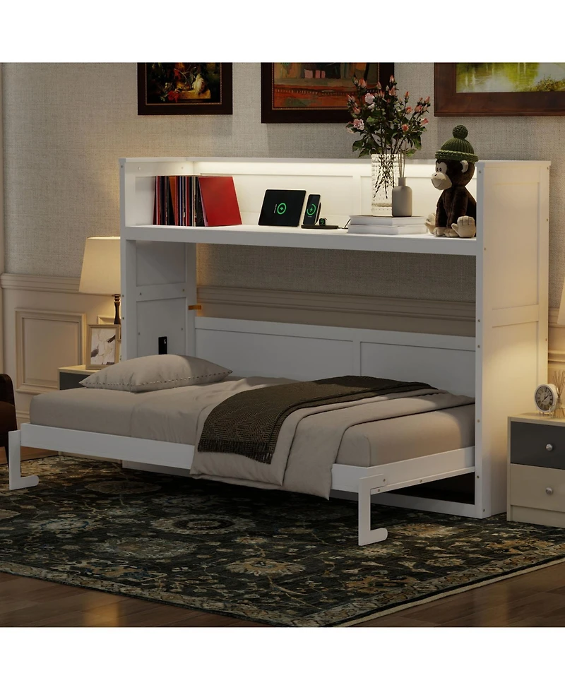Streamdale Furniture Twin Xl Size Murphy Bed with Desk, Led Light and Usb Charging Station