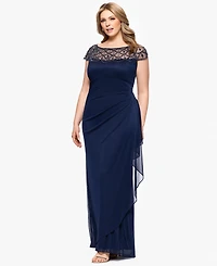 Xscape Plus Sheer Boat-Neckline Long Sheath Dress