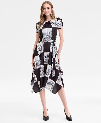 Karl Lagerfeld Paris Women's Scarf-Print Handkerchief-Hem Midi Dress