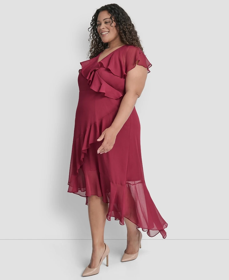 Dkny Plus V-Neck Ruffled High-Low Hem Dress