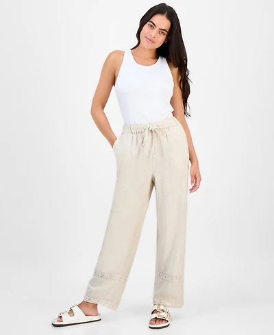 And Now This Petite Linen-Blend Lace-Inset Wide-Leg Pants, Exclusively at Macy's