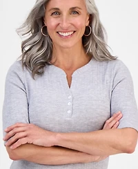 Style & Co Petite Pointelle Elbow-Sleeve Henley Knit Top, Exclusively at Macy's