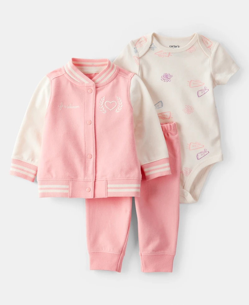 Carter's Baby Girls Cotton Varsity Freshman Little Jacket, Bodysuit & Pants, 3 Piece Set
