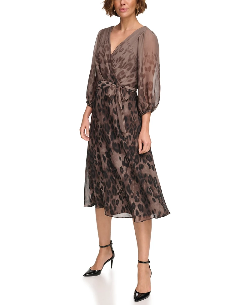 Dkny Petites Chiffon Printed Surplice Balloon-Sleeve Dress