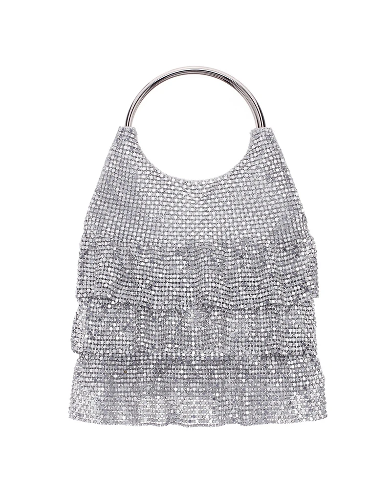 Nina 3-Tiered Crystal Mesh Ruffle Pouch Bag