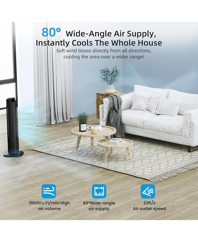 Cowsar Portable Tower Fan, 80°Oscillation Fan, with Remote Control, Standing Bladeless Fan, 5 Speeds and 3 Modes, Low Noise for Bedroom and Livin