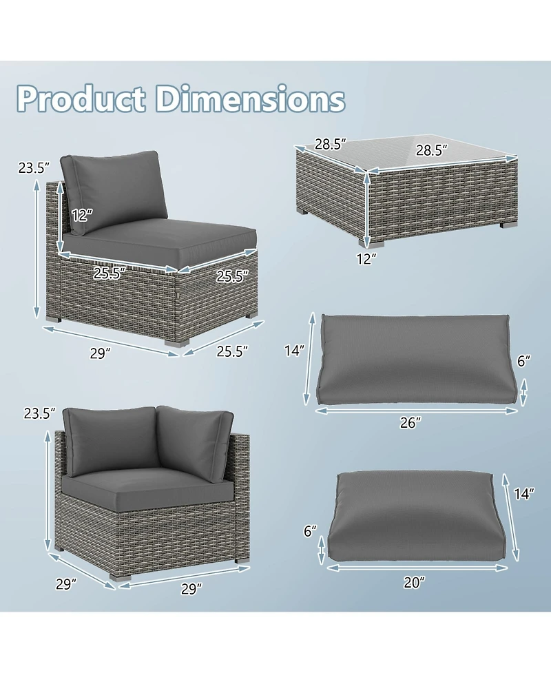 5-Piece Outdoor Patio Sectional Sofa Couch and Glass Coffee Table with Cushions