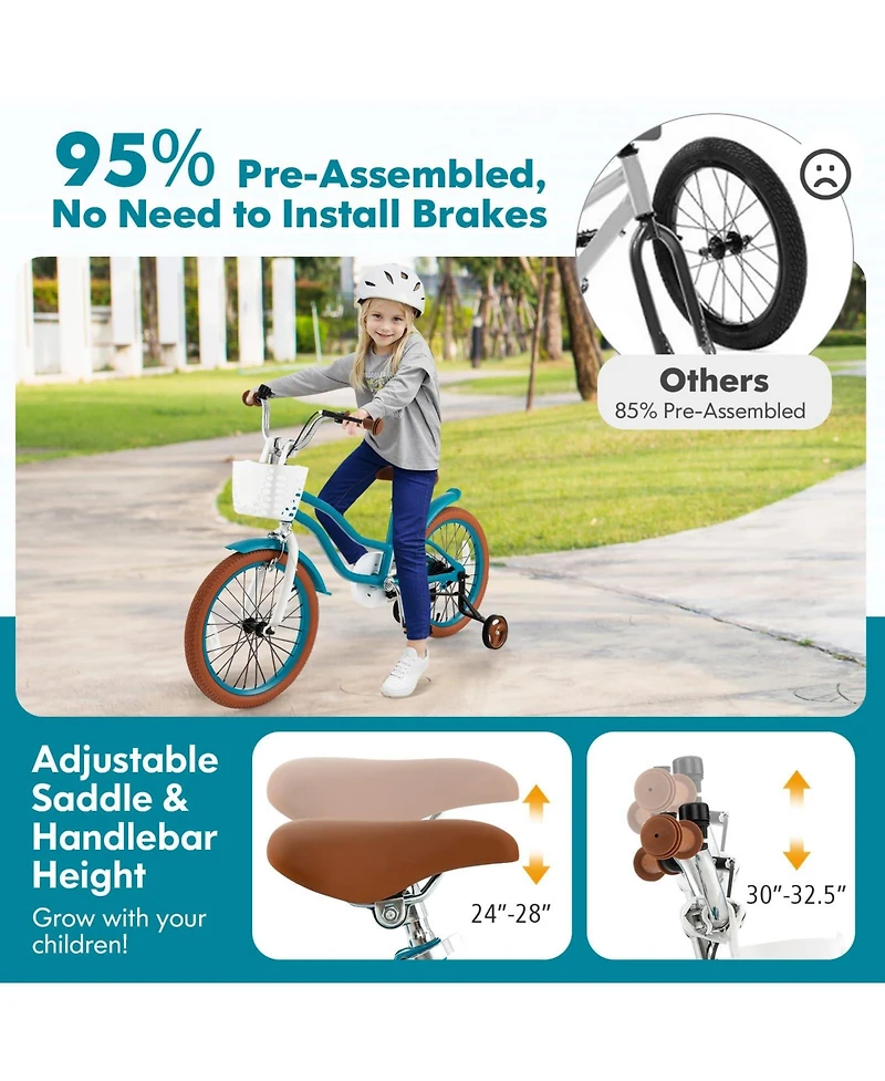 18 Inch Kids Bike Kids Bicycle with Adjustable Seat and Removable Basket