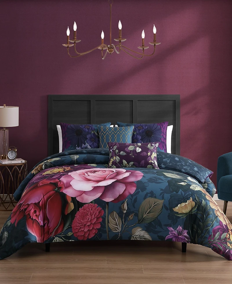 Bebejan Vibrant Flora Bedding 100% Cotton Sateen 5 Piece King Size Reversible Comforter Set