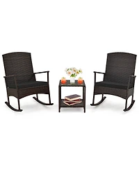 3 Piece Patio Rocking Set Wicker Rocking Chairs with 2-Tier Coffee Table