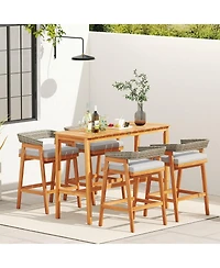 Acacia Wood Counter Height Table with Slatted Tabletop and Footrest Crossbar