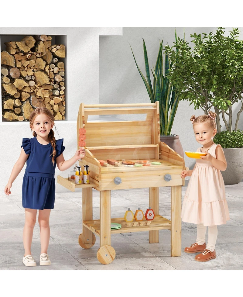 Kids Wooden Barbecue Grill Playset Pretend Kitchen with Food and Wheels