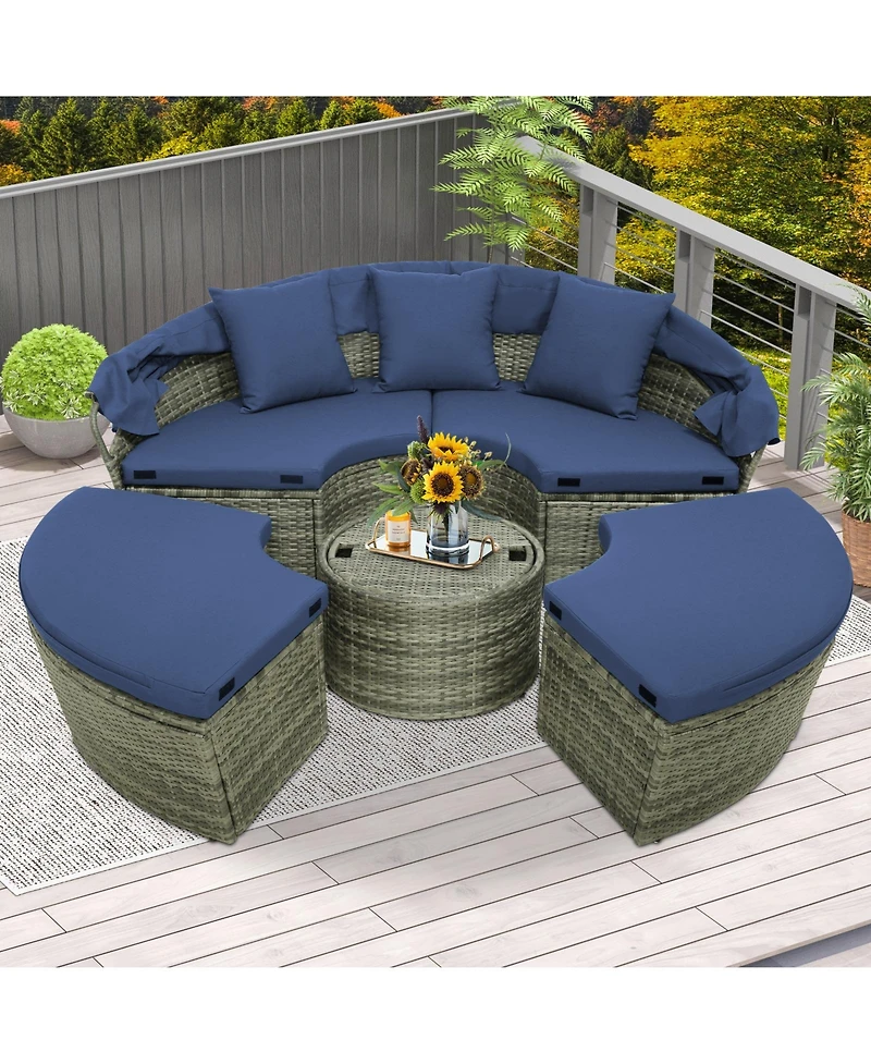 Outdoor Pe Wicker Round Daybed with Retractable Canopy and Cushions