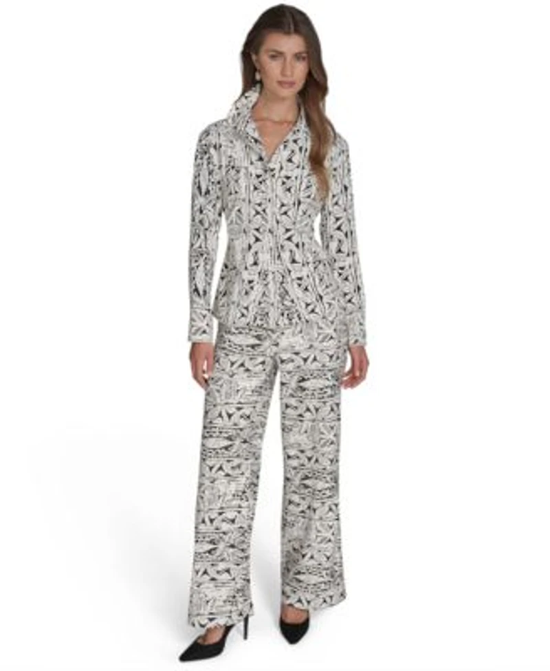 Halston Womens Printed Button Front Shirt Printed High Rise Wide Leg Pants