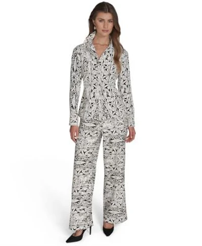 Halston Womens Printed Button Front Shirt Printed High Rise Wide Leg Pants