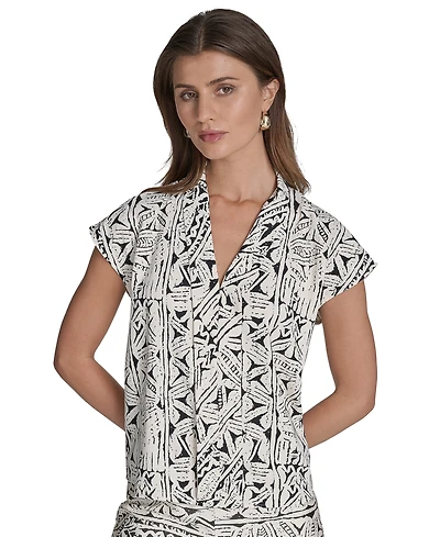 Halston Women's Printed V-Neck Cap-Sleeve Top