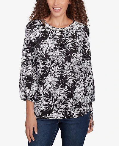 Ruby Rd. Petite Monotone Palms Puff Print Side Tie Top