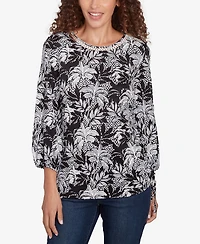Ruby Rd. Petite Monotone Palms Puff Print Side Tie Top