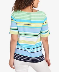 Ruby Rd. Petite Multi Stripe Roll Tab Sleeve T Shirt