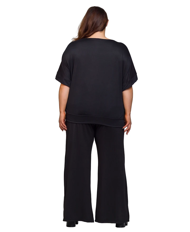 24seven Comfort Apparel Plus Boat Neck Top and Wide Leg Pants Set