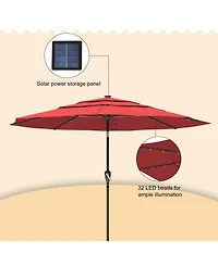 10 Ft Patio Umbrella with Solar Lights 3-Tier Outdoor Table Market Pool Umbrellas for Patio, Red