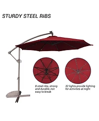 10 Ft Cantilever Patio Umbrella with Lights Offset Crank Large Outdoor Pool