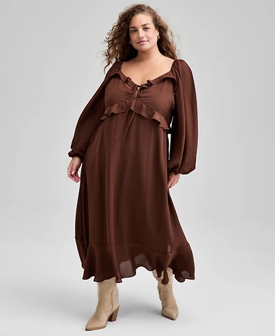 And Now This Trendy Plus Size Ruffle-Trim Long-Sleeve Dress, Macy's Exclusive