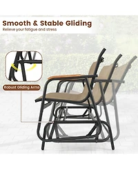 Patio Glider Bench with Curved Teak Armrests and Breathable Fabric Seat for 3 People