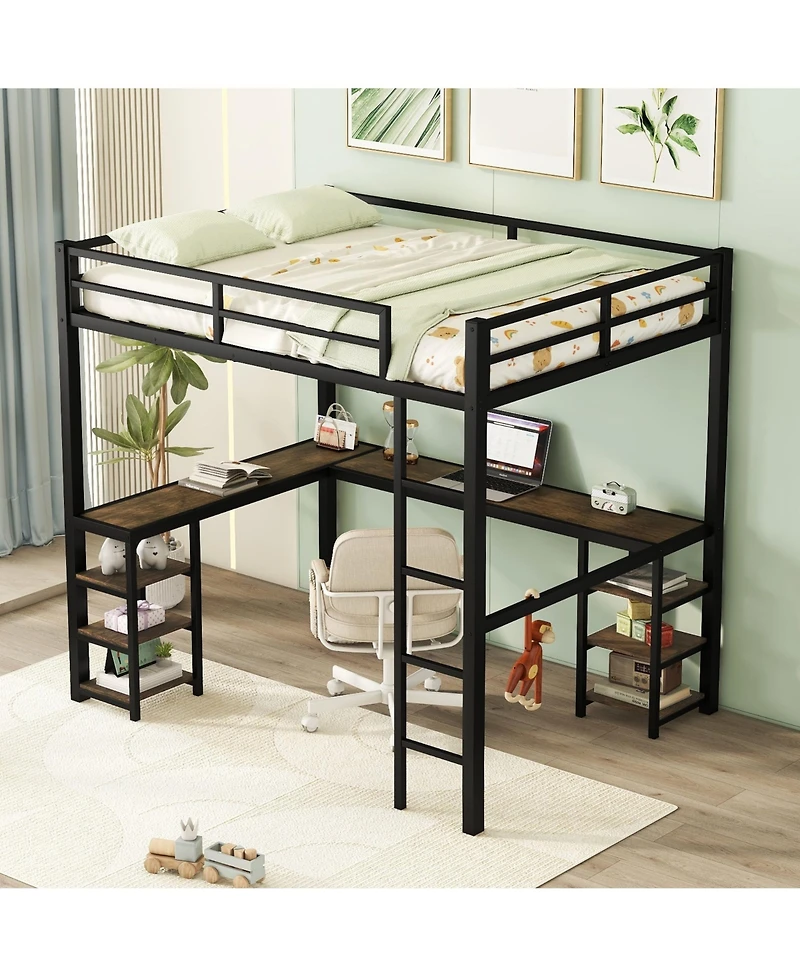 Full Metal Loft Bed with Desk and Shelves, Loft Bed with Ladder and Guardrails, Loft Bed Frame for Bedroom, Black