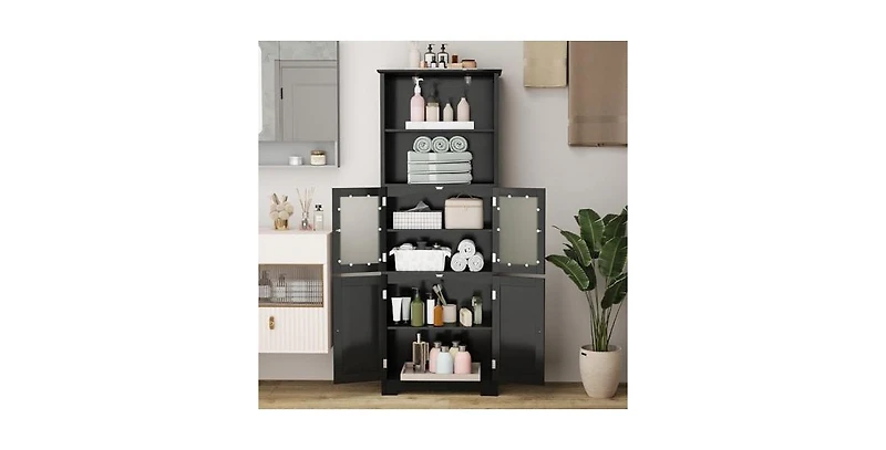 6-Tier Freestanding Bathroom Cabinet with 2 Open Compartments and Adjustable Shelves