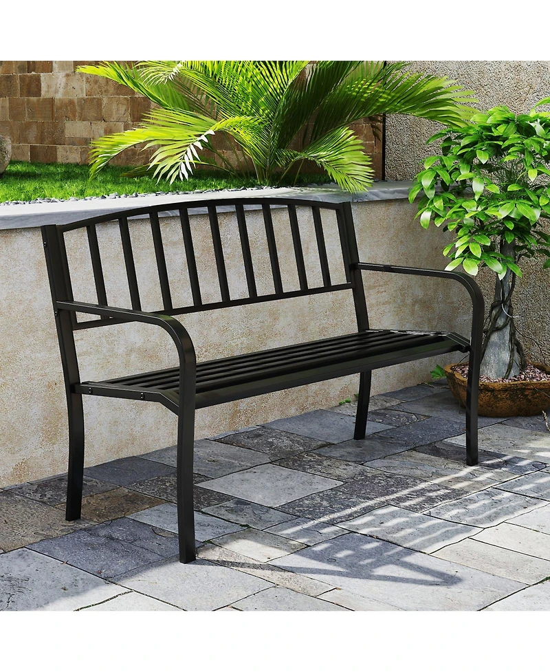 Outdoor Garden Bench with Slatted Backrest and Curved Armrests