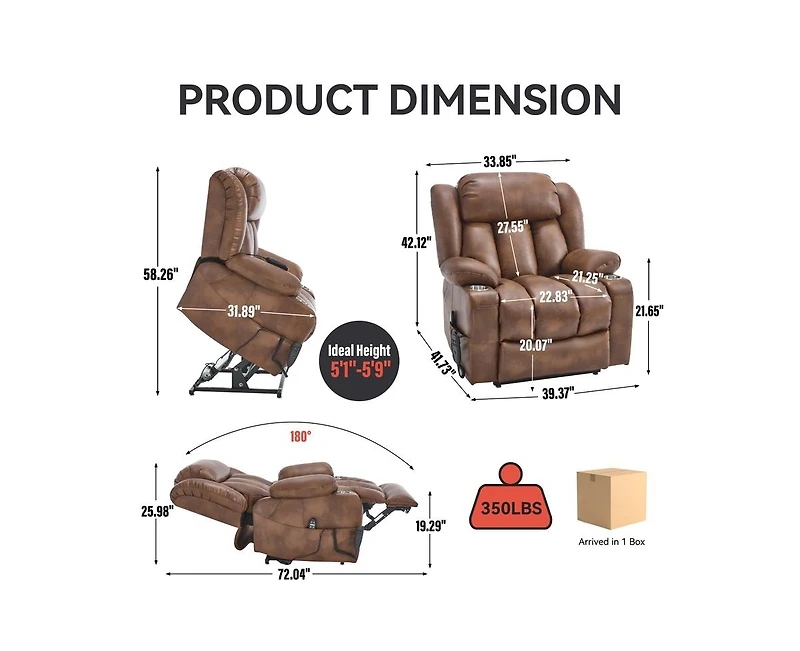 Dual Motor Infinite Position Up to 350 Lbs Leatheraire Power Lift Recliner Chair, Heavy Duty Motion Mechanism with 8-Point Vibration Massage and Lumba