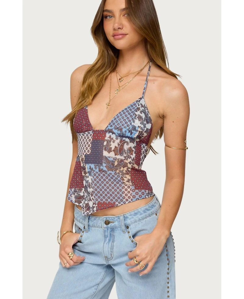 Edikted Women's Mixed Patchwork Backless Halter Top