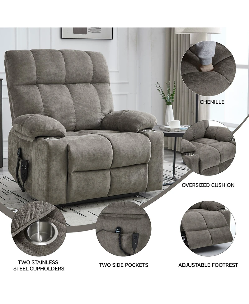 Dual Motor Infinite Position Up to 350 Lbs Chenille Power Lift Recliner Chair with 8-Point Vibration Massage and Lumbar Heating Cup Holders