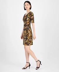 Connected Petite Floral Draped-Neck Elbow-Sleeve Dress