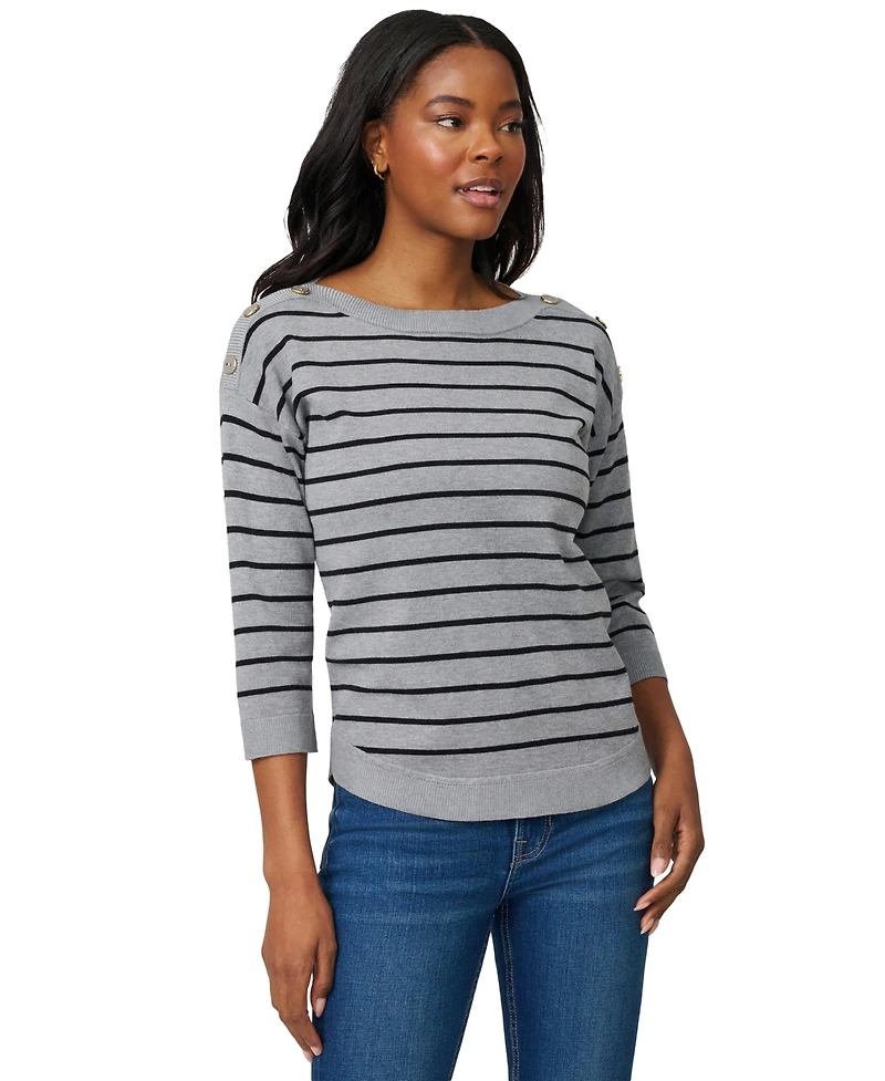 Melissa Paige Women's Striped Button-Shoulder Boatneck 3/4-Sleeve Sweater